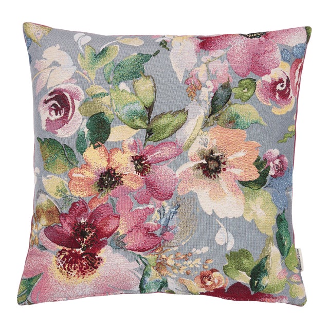 Meadow Blooms Grey Woven Cushion With Feather Filler - 42x42cm (17"x17") For Sale