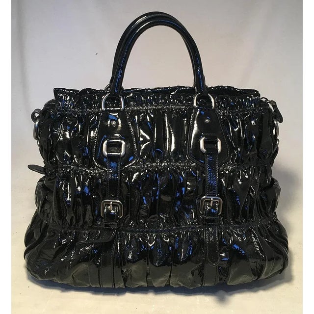 Contemporary Prada Black Patent Leather Gaufre Ruched Handbag Tote For Sale - Image 3 of 8