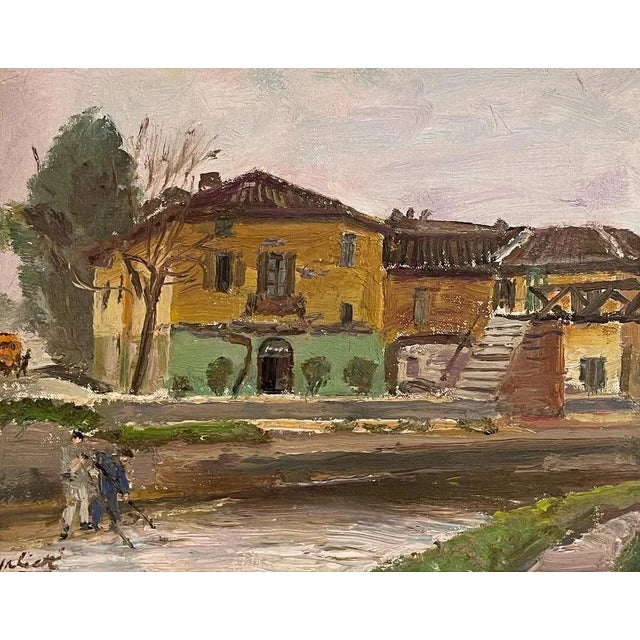 Oil on panel, figures along the canal, Pietro Virgilio Lietti, 20th century Refined painting depicting figures along a...