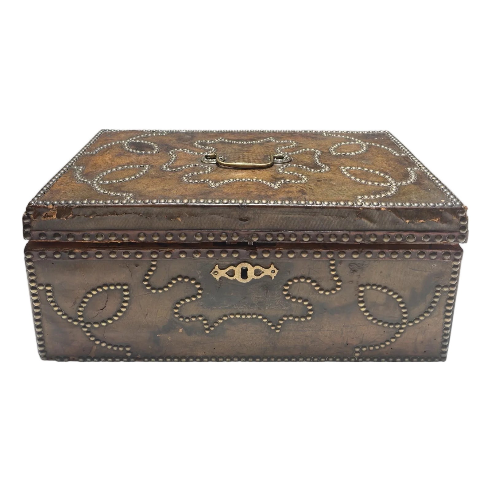 Antique Brass Studded Leather Table Box | Chairish