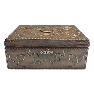 Antique Brass Studded Leather Table Box For Sale