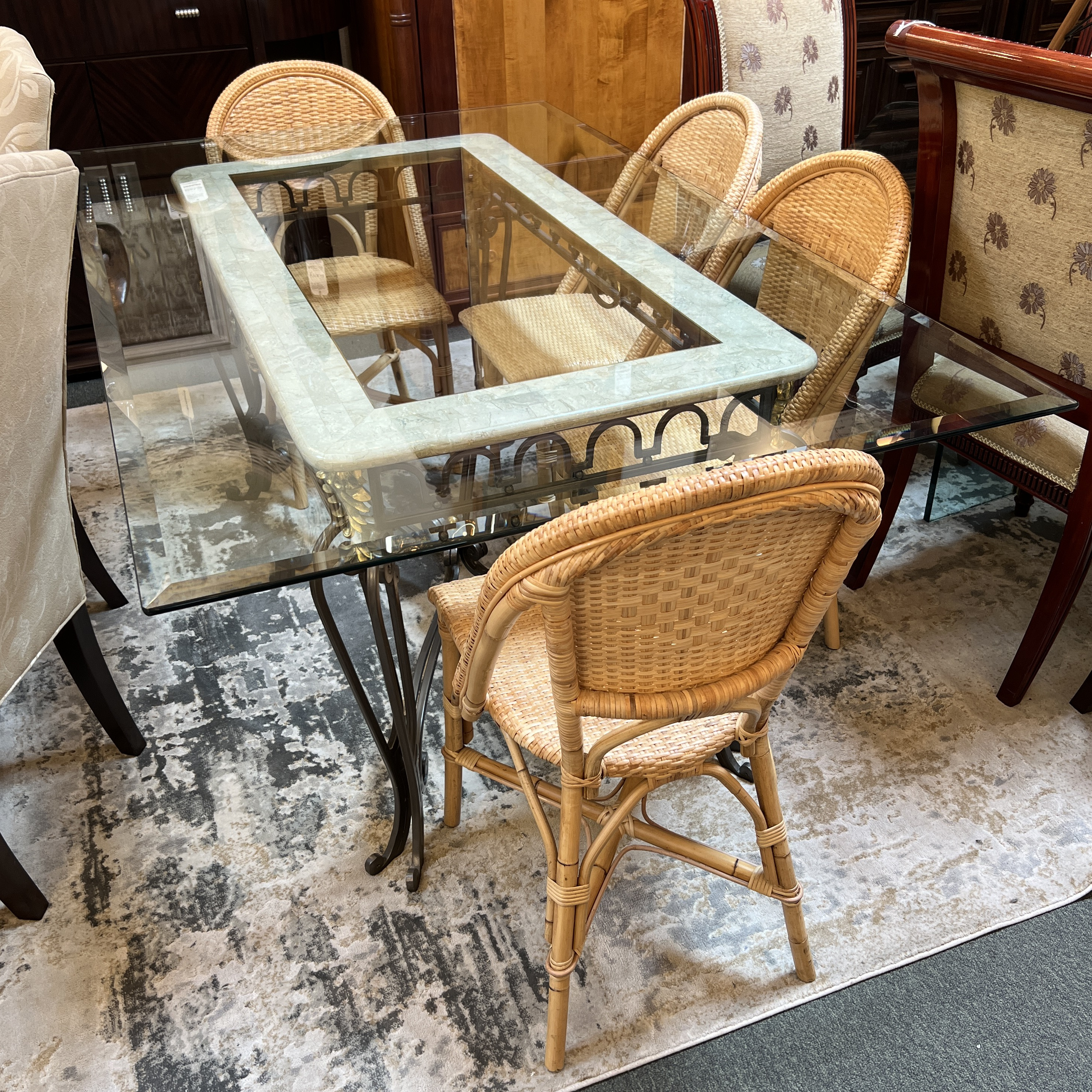 Vintage Horchow Glass Top Wrought Iron Marble Dining Table Kashew