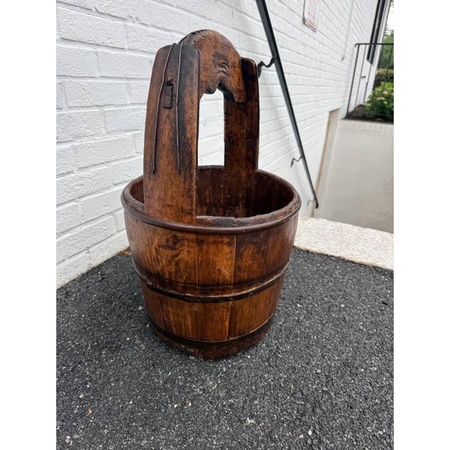 Antique Farmhouse Rustic Style Solid Wood Bucket With Arched Handle For Sale In Washington DC - Image 6 of 15