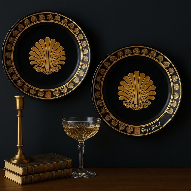 1960s Pair of Georges Briard Black & Gold Seashell Plates – Mid-Century Glam, Hollywood Regency For Sale - Image 6 of 11