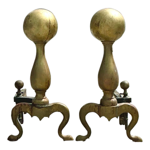Vintage 19th Century Brass Cannonball Andirons - Set of 2