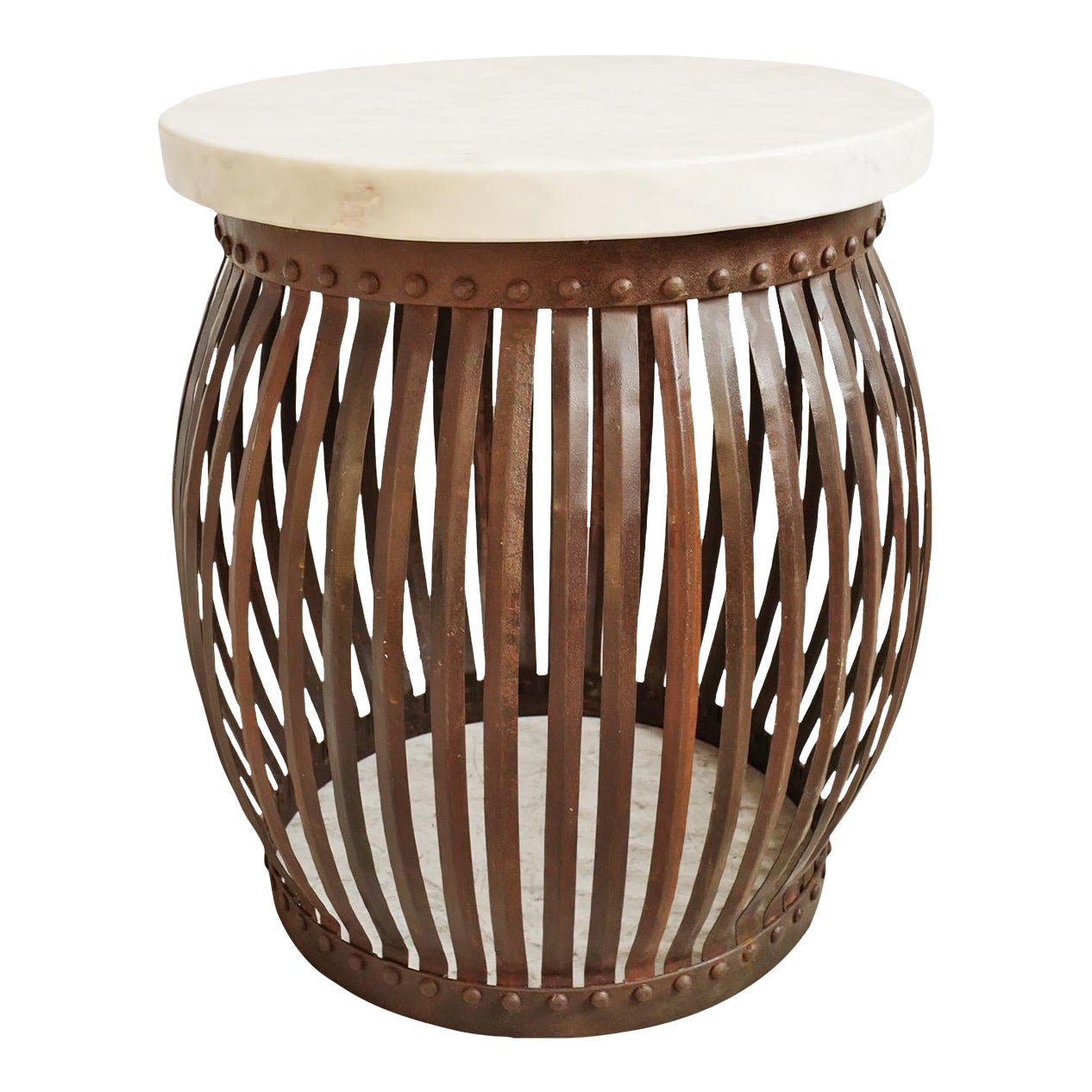 White Marble Iron Strap Barrel Side Table | Chairish