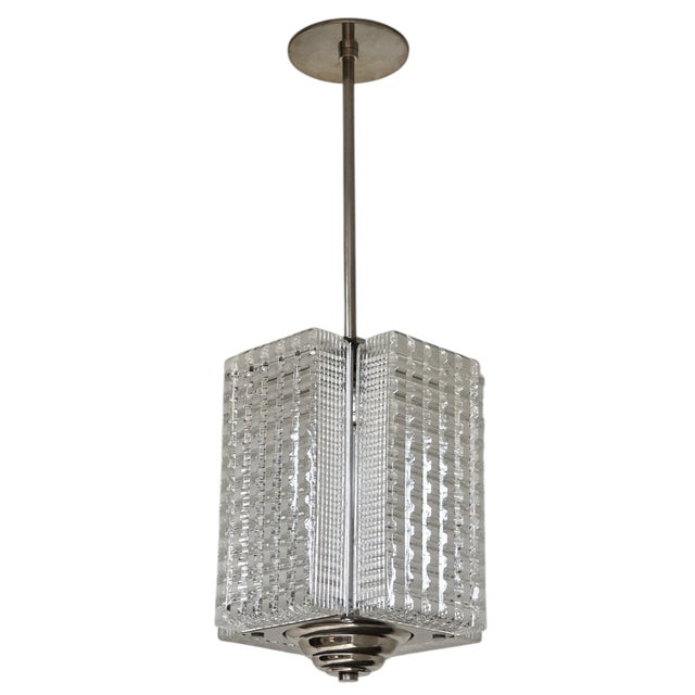 Metal Mid 20th Century Rectangular 4 Panel Architectural Lantern, Art Glass, Polished Nickel & Chrome Stem For Sale - Image 7 of 14