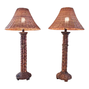 Vintage Pair Mid 20th Century Rattan Bamboo Table Lamps With Woven Rattan/Wicker Lamp Shades