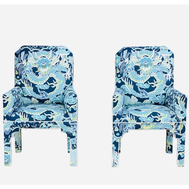 1980s Pair MCM CasaBique Ming Armchairs in Thibaut “Imperial Dragon” For Sale - Image 13 of 18