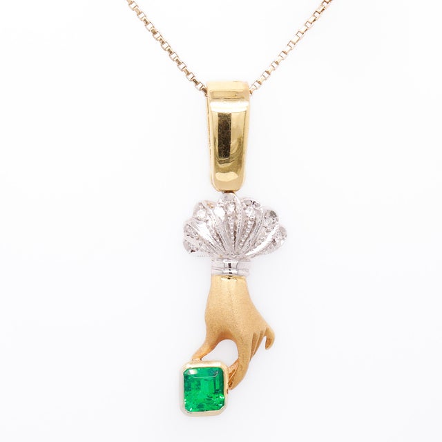 Gold Vintage 18k Yellow & White Gold, Emerald, and Diamond Figural Hand Pendant For Sale - Image 8 of 15