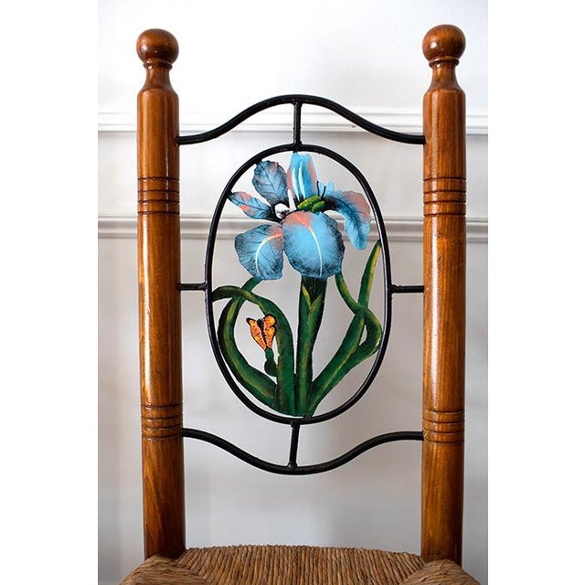 Vintage Hand Painted Folk Art Dining Chairs With Woven Rush Seats - Set of 5 For Sale - Image 12 of 13