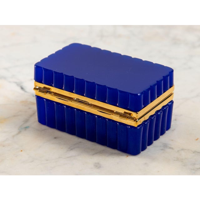 French Vintage Blue Opaline Scalloped Glass Box With Brass Mounts, France 20th C. For Sale - Image 3 of 9