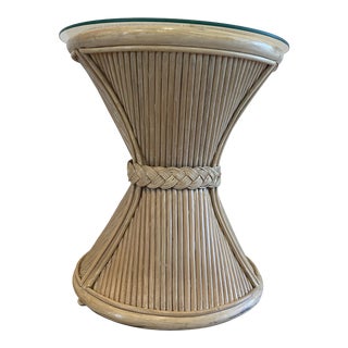 Vintage Split Reed Style Wicker Woven Side Table With Glass Top For Sale