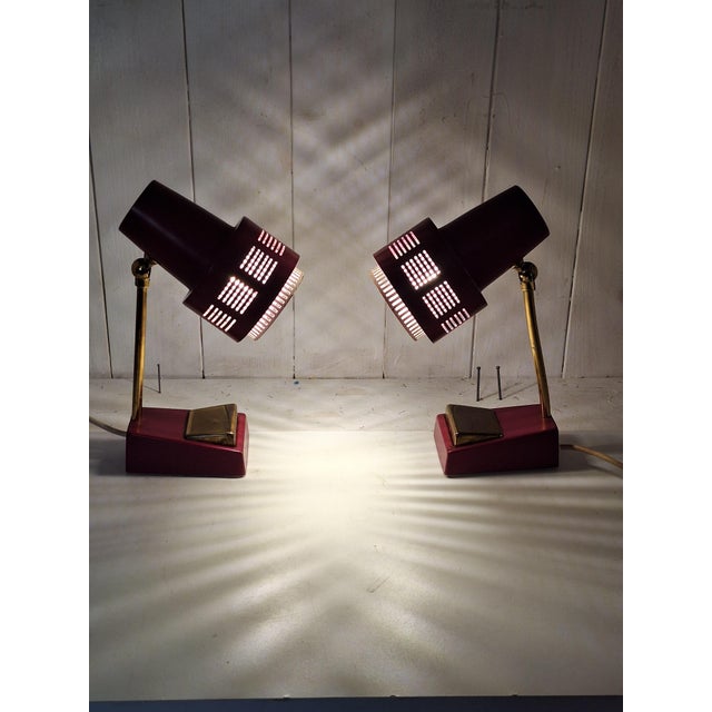 Mid-Century Modern Mid-Century Bedside Lamps in Red Lacquered Metal with Brass Accents, 1960s, Set of 2 For Sale - Image 3 of 7