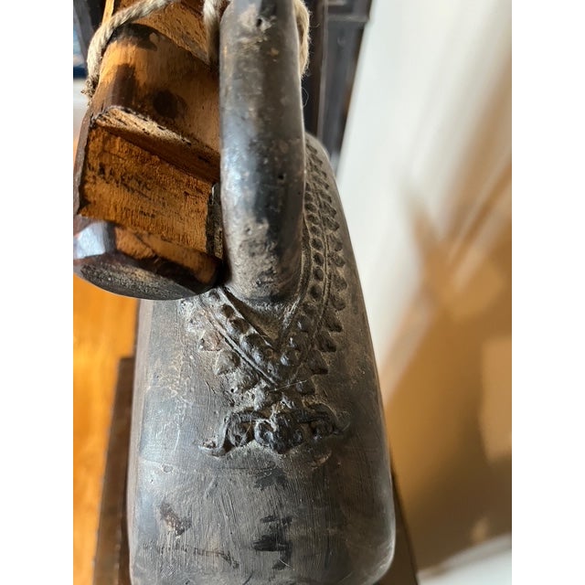 Large Antique Thai Karen Hill Tribe Bronze Elephant Bell & 16" Bentwood Frame For Sale - Image 4 of 8