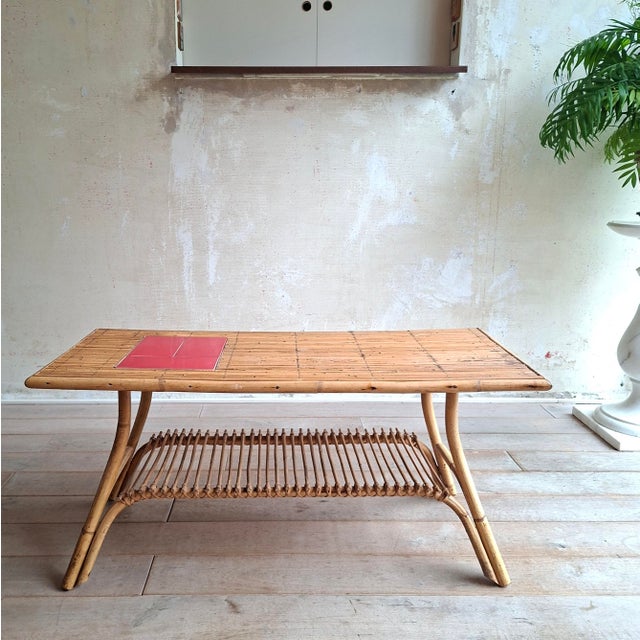 French Rattan Coffee Table with Tiles, 1960s For Sale - Image 6 of 11