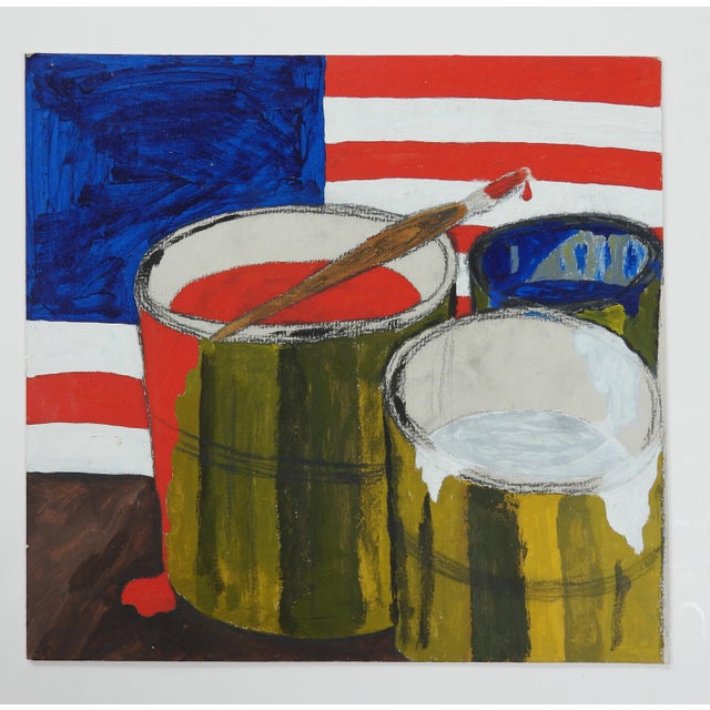 Contemporary acrylic on matboard red, white and blue paint cans and American flag still life painting. Unsigned. Unframed.