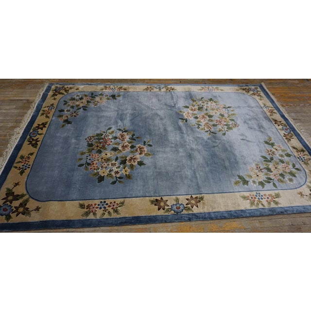 1980s Ligth Blue Floral Vintage Silk Chinese Art Deco Carpet 6'2" X 9' Handknotted Rug For Sale In New York - Image 6 of 12