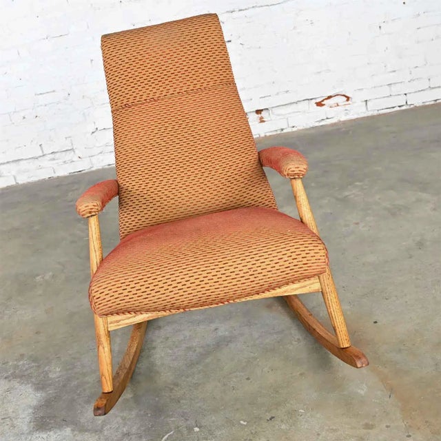 Mid-Century Modern Vintage Mid-Century Modern Rocker Rocking Chair Oak With High Back Original Upholstery For Sale - Image 3 of 13
