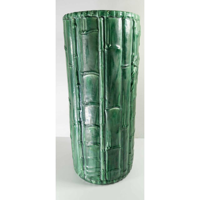 20th Century Japanese Faux Bamboo Green Glazed Pottery Umbrella Stand or Cane Holder For Sale - Image 4 of 15