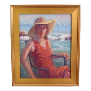 Silvio Silvestri, Listed Artists Woman Beach Seascape Oil Painting W/ Antiqued Gold Wood Frame