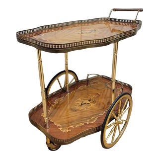1950s Vintage Italian Marquetry Two-Tier Railed 3-Ring Bottle Holder Bar Cart For Sale