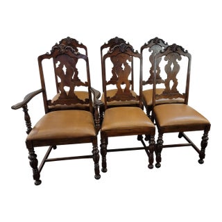 Antique 1920s Rustic Spanish Revival Set 6 Chairs Walnut For Sale