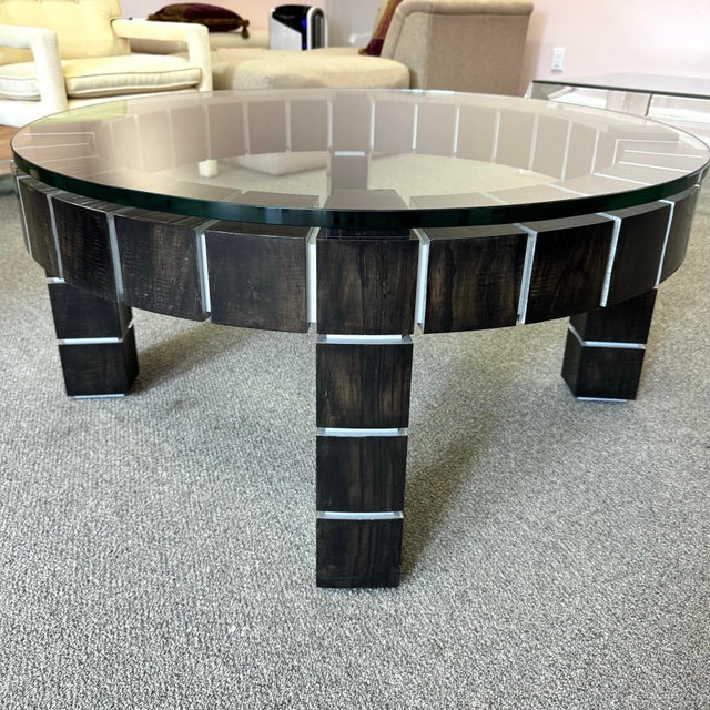 Postmodern Vintage Postmodern Dark Wood Block and Glass Circular Coffee Table For Sale - Image 3 of 12