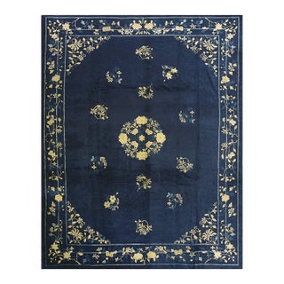Antique Chinese Peking Rug Hand Knotted Wool Oriental Blue Floral Deco 1920s For Sale