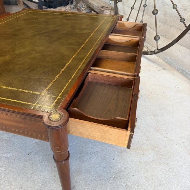 English Vintage Baker Furniture Mahogany Tooled Leather Partners Desk English Regency For Sale - Image 3 of 18