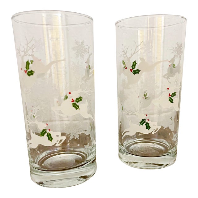 Mid 20th Century “Leaping Reindeer” by Libbey Highball Glasses- Set of 2 For Sale