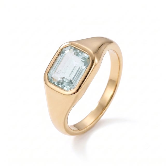 Contemporary 18k Gold Plated Aquamarine Signet Ring • Dainty East West Stacking Ring • March Birthstone Ring Us 7 For Sale - Image 3 of 3