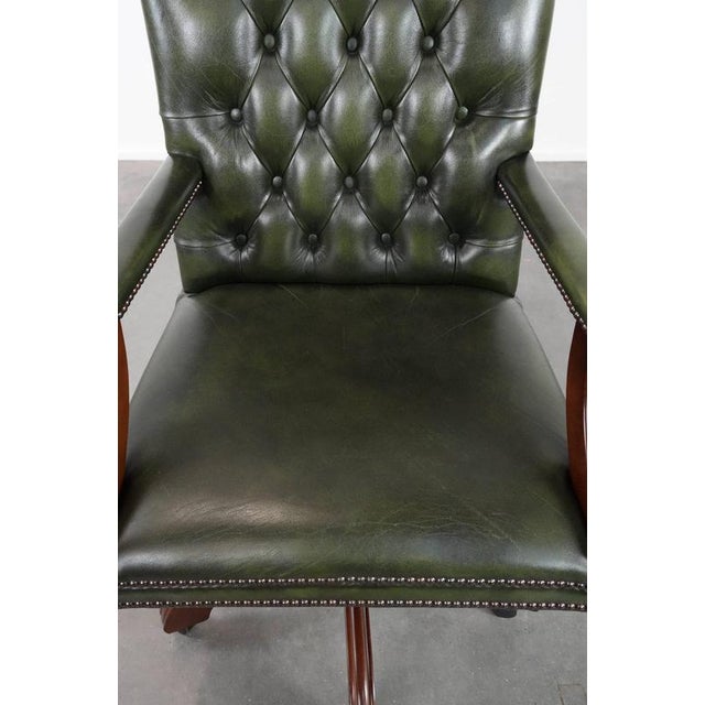 English Style Dark Green Cowhide and Wooden Chesterfield Swivel Desk Chair For Sale - Image 6 of 18