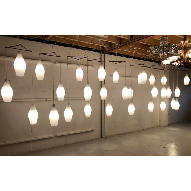 Mid-Century Scandinavian Three-Drop Cascade Opaline Cased Glass Bowling Pin Lights in Teak, 1960s For Sale - Image 6 of 15