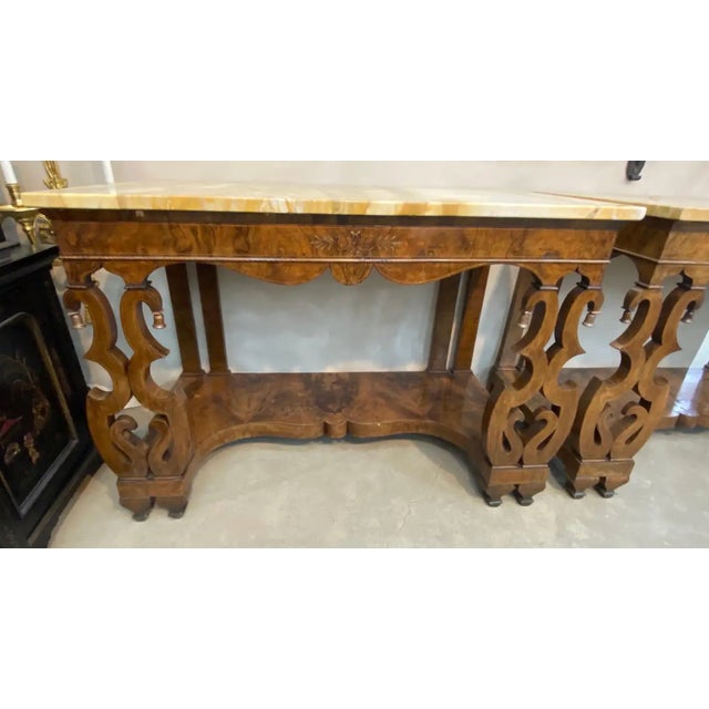 Grand Tour Pair of 19th Century Continental Inlaid Walnut Consoles With Yellow Onyx Tops For Sale - Image 3 of 15