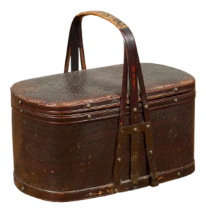 Antique Chinese Rattan and Bamboo Lunch Box with Geometric Motifs and Handle