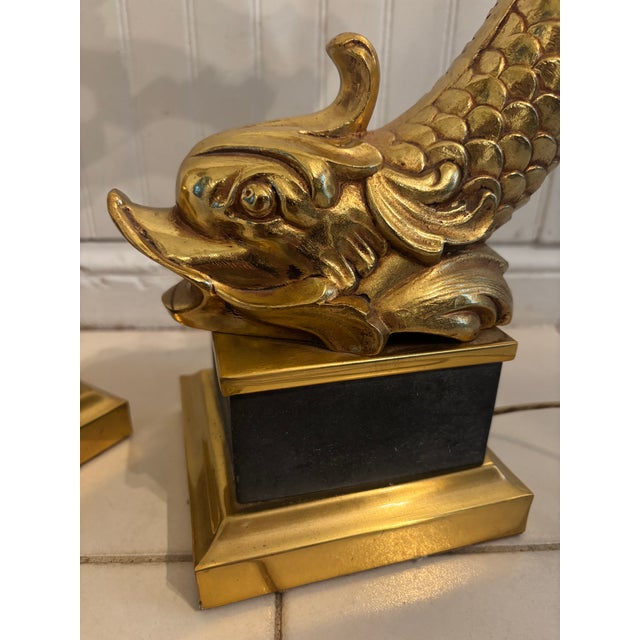 1970s Gilt Brass Dolphin Lamps, a Pair For Sale - Image 5 of 12