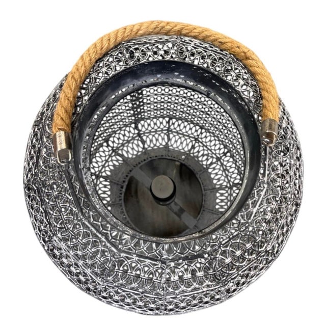 Industrial Vintage Industrial Mesh Lantern Table Lamp With Jute Rope Handle For Sale - Image 3 of 12