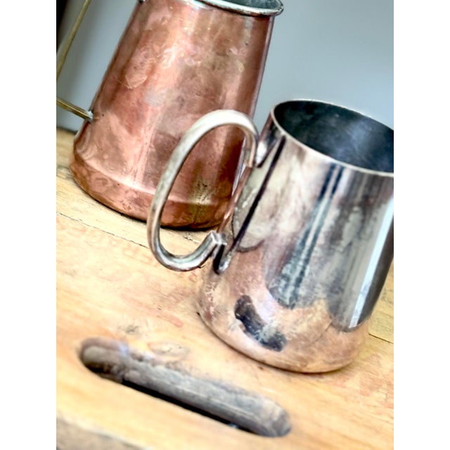 English Vintage Copper Mug & Silverplate Tankard Set – Copper Fire Patina-Tavern For Sale - Image 3 of 10