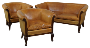Club Armchairs and Sofa in Cognac Leather, Set of 3