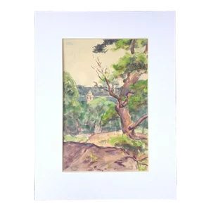 1930s Landscape Watercolor Painting Forest and Steeple