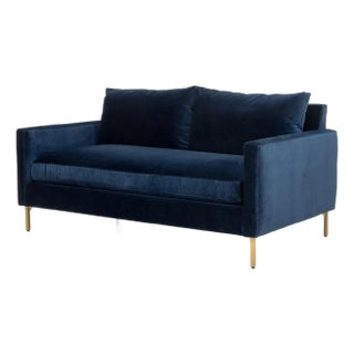 Contemporary Blue Velvet Upholstered Loveseat For Sale