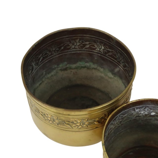 Brass Repoussé Flower Planters, France, Set of 3 For Sale - Image 16 of 18