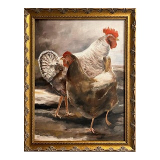 Original Oil Painting of Chickens by Joanne Oten, 1997 For Sale