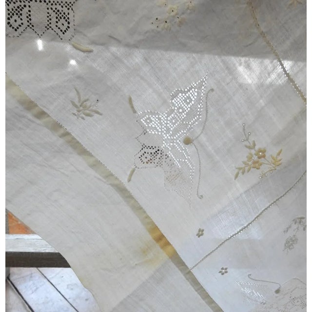Textile Antique White Linen Butterfly Embroidered Openwork Tablecloth For Sale - Image 7 of 10