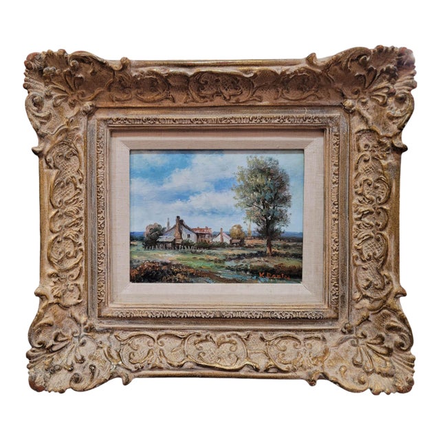 Impressionist Countryside Landscape Oil Painting by K. Razin, Framed For Sale