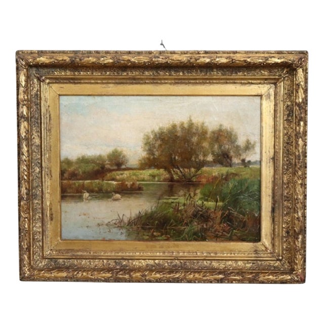 Landscape with Swans, Oil Painting on Canvas, 19th Century, Framed For Sale