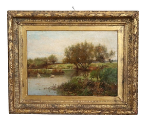 Landscape with Swans, Oil Painting on Canvas, 19th Century, Framed