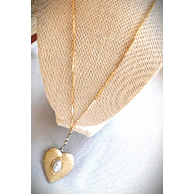 Vintage Heart Locket, Paisley Design, Grey Pearl, Long Gold Chain, Pearl Bead Drop, Valentine For Sale - Image 9 of 12