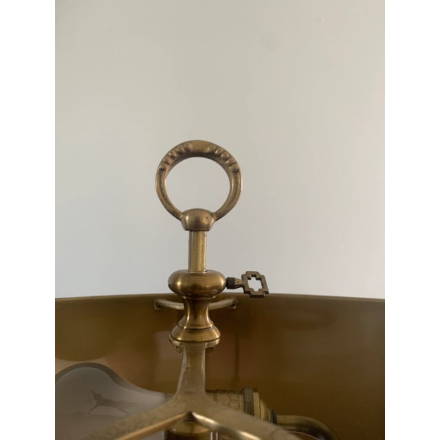 English Mid-20th Century Brass Horn Bouillotte Lamp With Black Tole Shade For Sale - Image 3 of 13